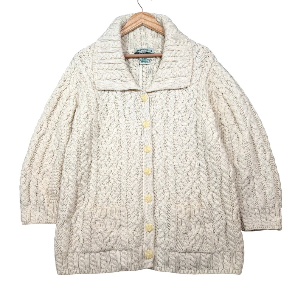Aran Crafts Merino Wool Cable Knit Cardigan Sweater Coat Ireland Cream Large L
